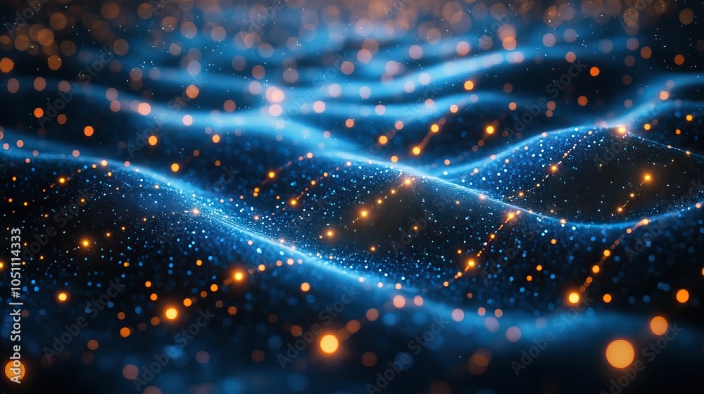 Poster blue digital grid with glowing lines creates futuristic landscape, symbolizing technology and innova