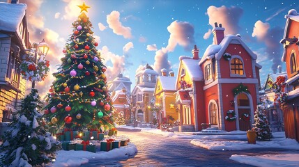 Fototapeta premium A charming winter village scene featuring a decorated Christmas tree, snow-covered streets, and festive buildings under a bright sky.