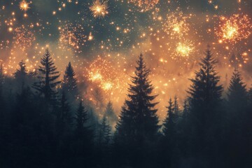 Fireworks Display Over Silhouetted Forest in Foggy Night Sky
