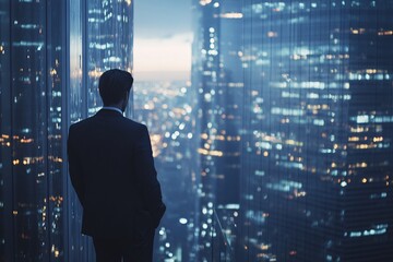 Fototapeta premium A businessman in a suit gazes out at a vibrant city skyline at night, surrounded by towering skyscrapers and bright lights.
