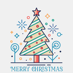 Clean and modern Christmas greeting card with a simple line art Christmas tree. Generative AI.