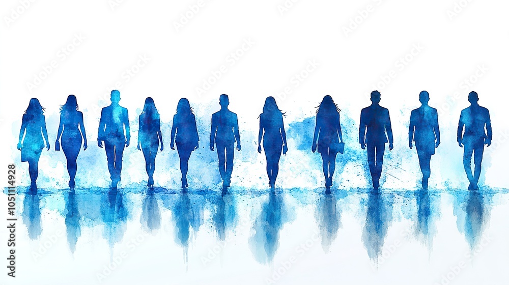 Poster blue vector silhouette of businesspeople standing in front of each other, arranged neatly on white b