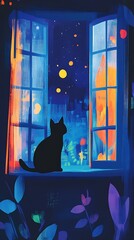 Illustration art of a cat standing by an open window