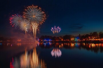 Fireworks Display Over a Lake at Night
