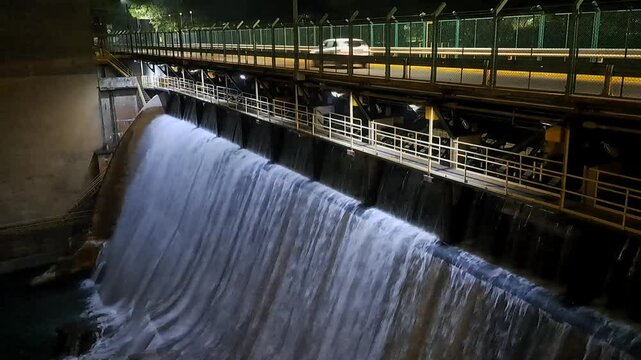 A barragem de Piraju vista &agrave; noite