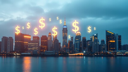 Obraz premium A city skyline with a large building in the middle