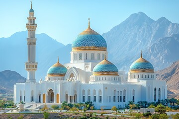 Obraz premium A white mosque with blue and gold domes sits at the foot of hazy, blue mountains.