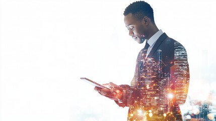 An innovative visual of a businessman engaged with a tablet,
