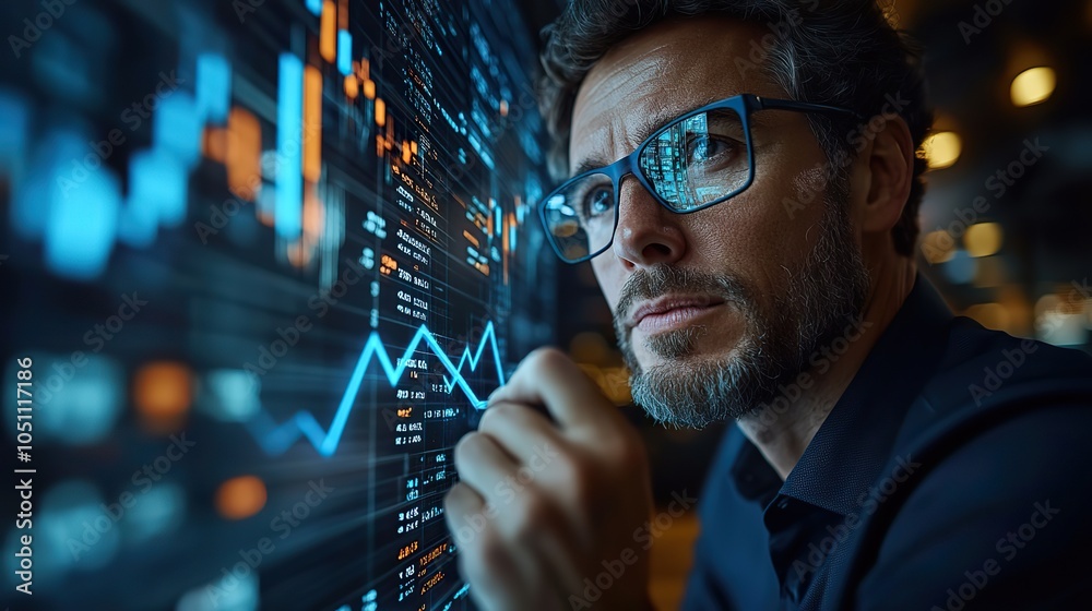 Poster businessman draws blue arrow graph pointing upward on virtual screen, displaying market dat and risi