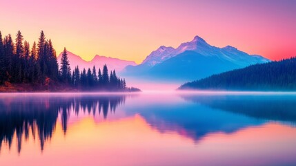 A serene landscape featuring a lake reflecting majestic mountains and a vibrant sunrise, surrounded by lush evergreen trees.