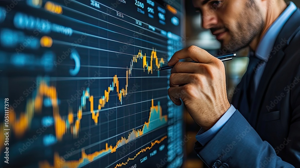 Poster businessman draws rising graph on virtual screen, symbolizing business growth against performance ch