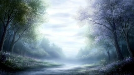 Fototapeta premium Enchanted purple forest road, a journey through nature's vibrant canopy tranquil