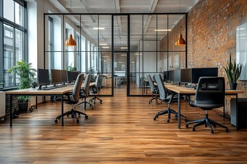 Empty office space with desks and chairs.