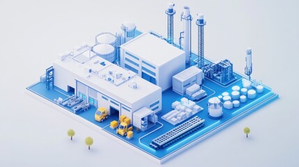 Data visualization concept with 3D stylized blue and white schematic smart factory,