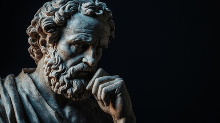 Fototapeta premium Ancient Greek philosopher statue, contemplating with hand on chin, high contrast, hyper-realistic style, black background.