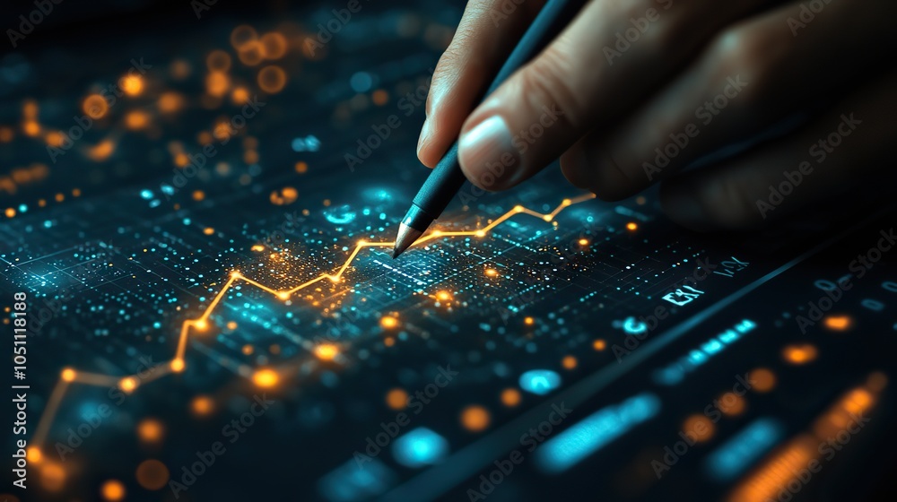 Aufkleber businessman sketches an upward arrow graph on virtual screen with icons representing financial growt
