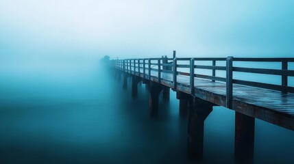 Fototapeta premium Mysterious fishing scene at foggy pier with soft light from light box, moody atmosphere with swirling mist.