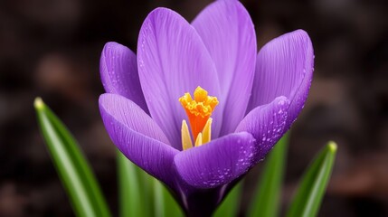 A vibrant purple crocus flower blooms against a dark background, showcasing its delicate petals and bright orange stamen.
