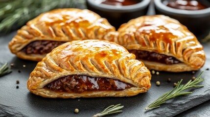 Delicious Meat Pies on Slate Plate with Sauces