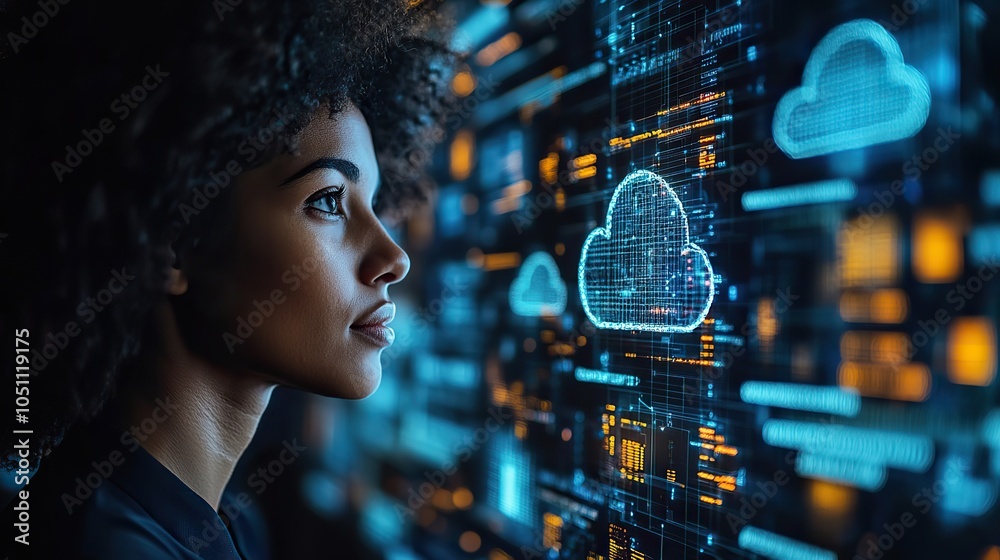 Poster businessman works with cloud computing diagram displayed on modern computer interface.stock photo