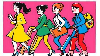 Naklejka premium of a diverse group of professional women walking together in a colorful,vibrant urban setting. The women are dressed in different fashionable styles representing different careers and backgrounds.