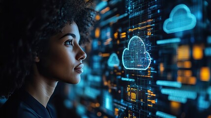 businessman works with cloud computing diagram displayed on modern computer interface.stock photo