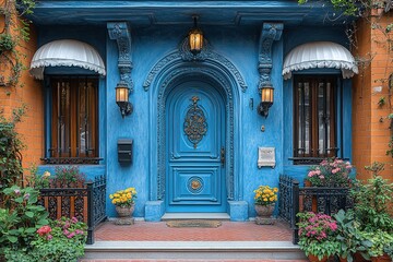 A blue door with ornate details and a white awning.