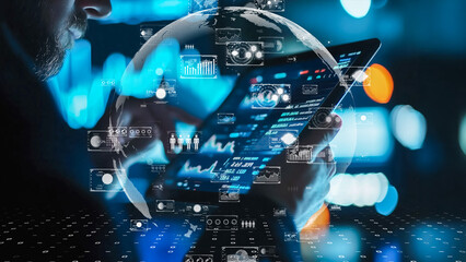 High-tech stock market analysis scene with person using tablet