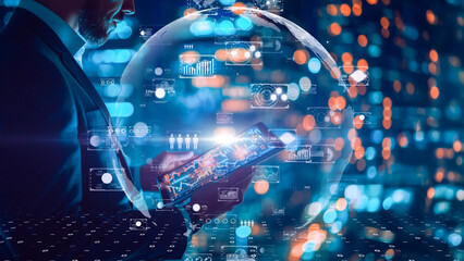 High-tech stock market analysis scene with person using tablet