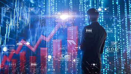 High-tech stock market analysis scene with person using tablet