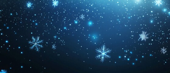 Glowing Blue Snowflakes Falling on a Dark Background