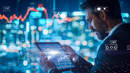 High-tech stock market analysis scene with person using tablet
