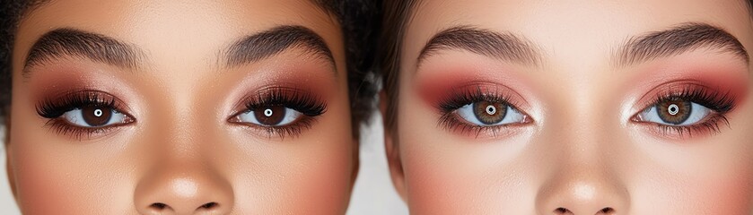 Fototapeta premium Two faces showcase distinct eye makeup styles, featuring bold lashes and beautiful eyeshadow in warm tones.