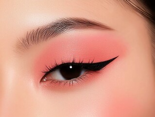Obraz premium A close-up of a beautifully made-up eye featuring vibrant pink eyeshadow and bold, winged eyeliner, showcasing a striking beauty look.