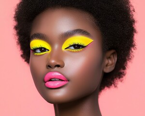 A striking portrait featuring a model with vibrant yellow eye makeup and bold pink lips against a soft pink background, showcasing beauty and confidence.