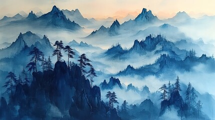 Fototapeta premium Chinese-style painting of mountains, created using traditional watercolor and ink techniques.stock photo