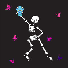 Cute skeleton dancing with sugar skull and pink butterfly. Vector illustration on black background.
