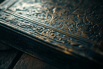 Fototapeta premium close up of vintage ornate leather bound book with gold floral design in low light