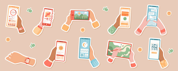 Hands hold smartphones with applications sticker set. Digital devices display social media, chat, and video. Concept of mobile technology and communication. Ideal for online media usage.