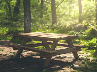 Naklejka premium rustic wooden picnic table in a sun dappled forest clearing