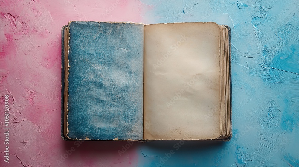Poster clean open notepad or sketchbook placed on pink and blue background, creative flat lay mockup perfec