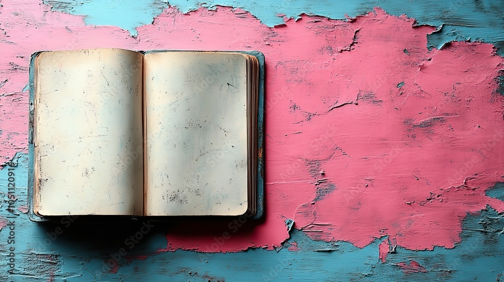 Poster clean open notepad or sketchbook placed on pink and blue background, creative flat lay mockup perfec