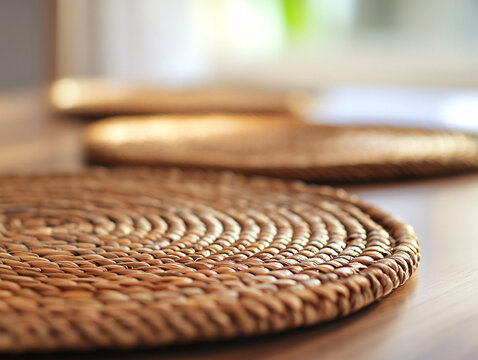 closeup of a light brown wicker placemat on a wooden table