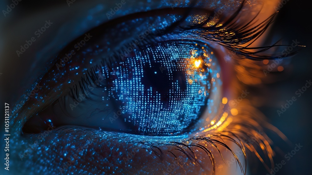 Poster close-up of digital eye with binary code, symbolizing the connection between vision and technology.stock photo