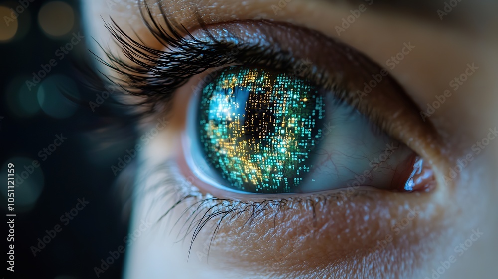Poster close-up of digital eye with binary code, symbolizing the connection between vision and technology.