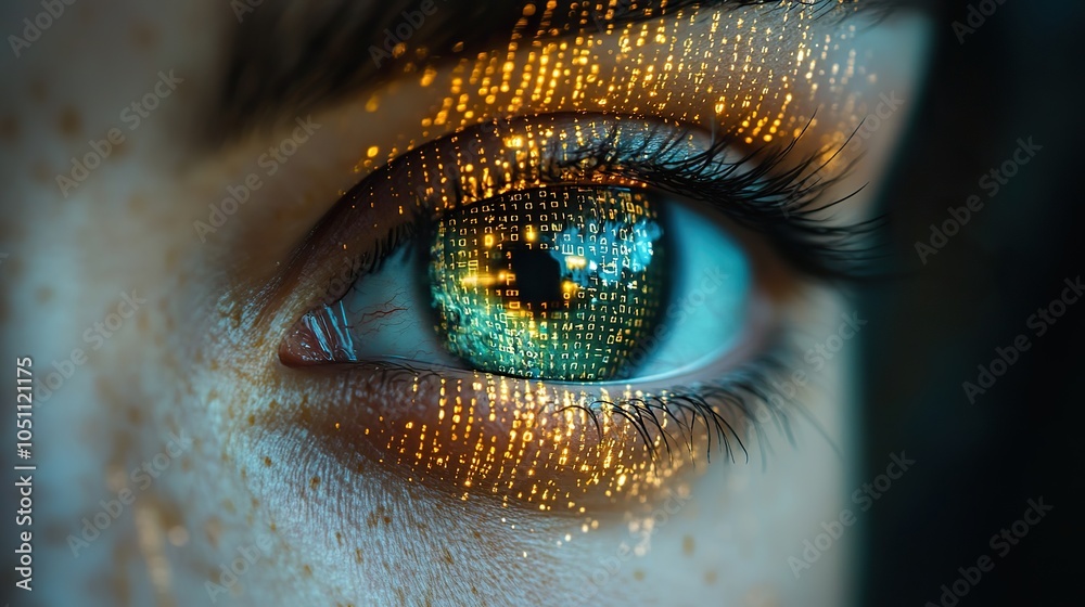 Poster close-up of digital eye with binary code, symbolizing the connection between vision and technology.illustration