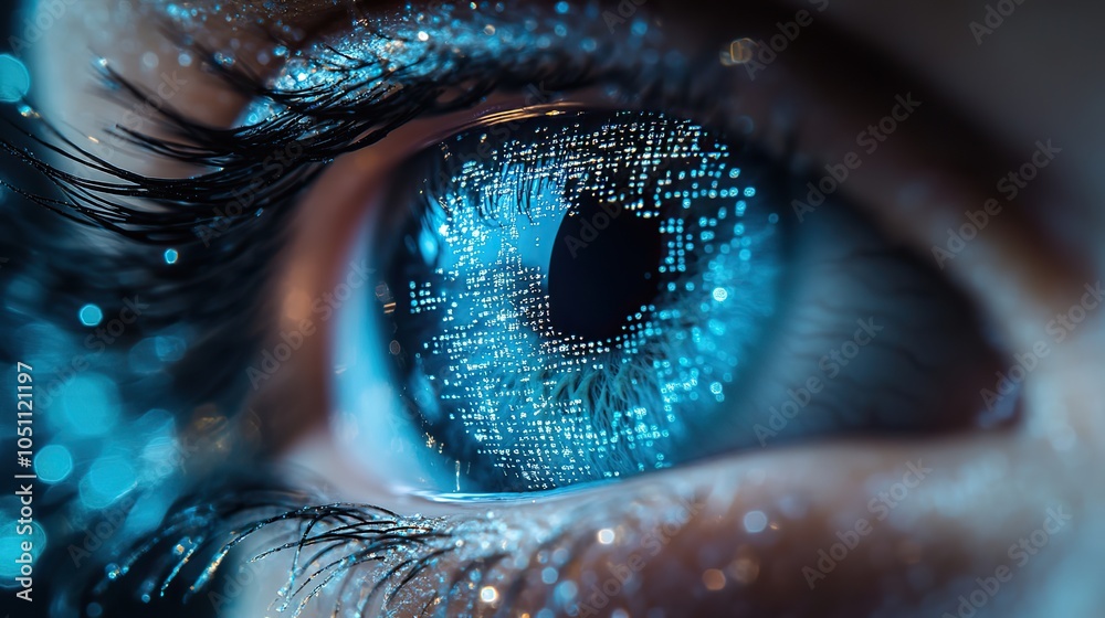 Poster close-up of digital eye with binary code, symbolizing the connection between vision and technology.image