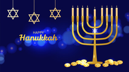 Hanukkah Jewish holiday sign of spiritual rebirth. Stars of David Menorah and coins. Victory light over darkness. Memory of miracle. Design invitation card postcard poster. Vector illustration.