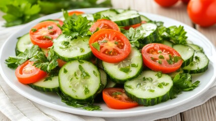 Fresh Salad with Tomatoes and Cucumbers on White Plate