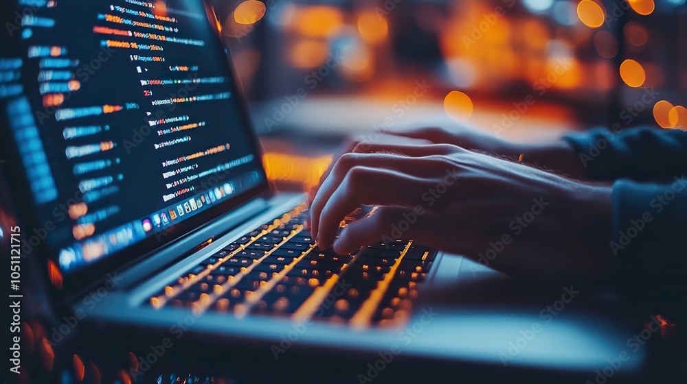Poster close-up of man typing on laptop with white screen, focusing on the empty display.image